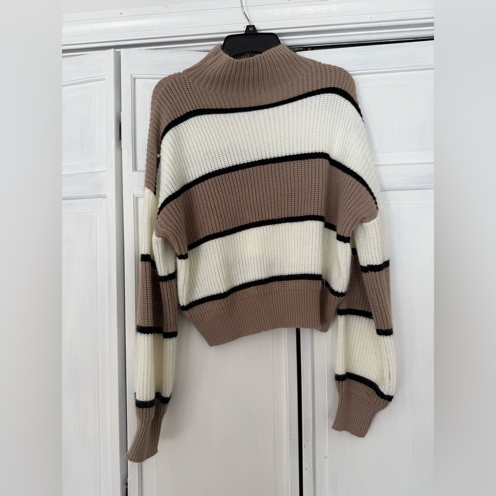Striped Brown and White Turtleneck Sweater